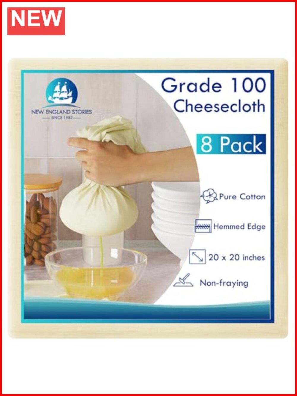 8 PC Reusable Cheesecloth 20x20 Inch 100% Cotton Grade 100 Hemmed Strainer